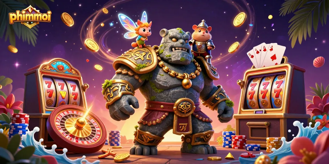 Spin the reels with phimmoi's magical golem guardian and shimmering treasures in a vibrant casino scene.